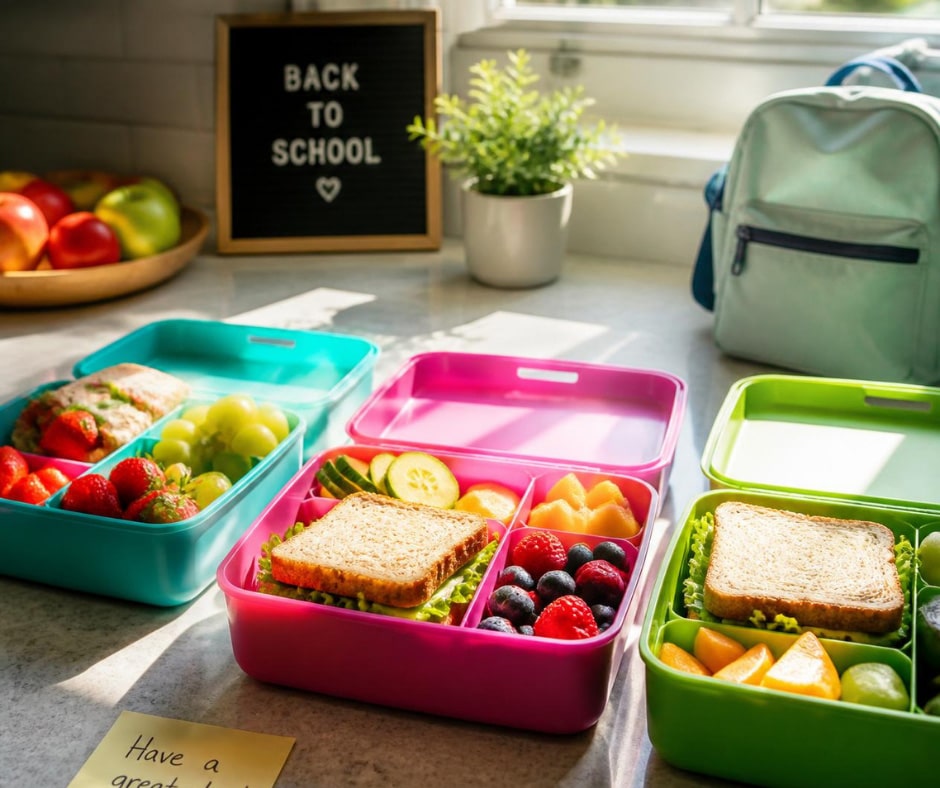 Multi-compartment bento-style lunch box setup filled with sandwiches, fresh berries, and sliced fruit