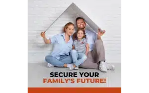 A smiling family of three—a mother, father, and young daughter—sits on a light wood floor in front of a white brick wall, holding up a folded white board in the shape of a protective house roof above their heads, representing family and homeowners insurance coverage with United Insurance Agencies in Omaha, Nebraska, centered above bold text that reads, "SECURE YOUR FAMILY'S FUTURE!" placed over a solid terracotta-orange banner. - www.uiagencies.com